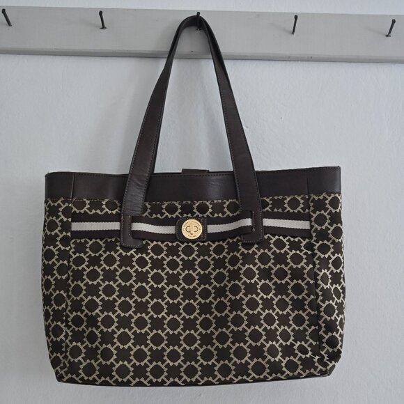 TOMMY HILFIGER | Bag Purse Tan Brown Brocade Stripe TH Logo Handbag - Picture 1 of 6